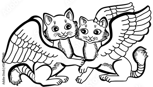 Vector illustration of cute angel cats couple black and white