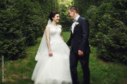 Newlyweds in love look at each other standing in the dense forest