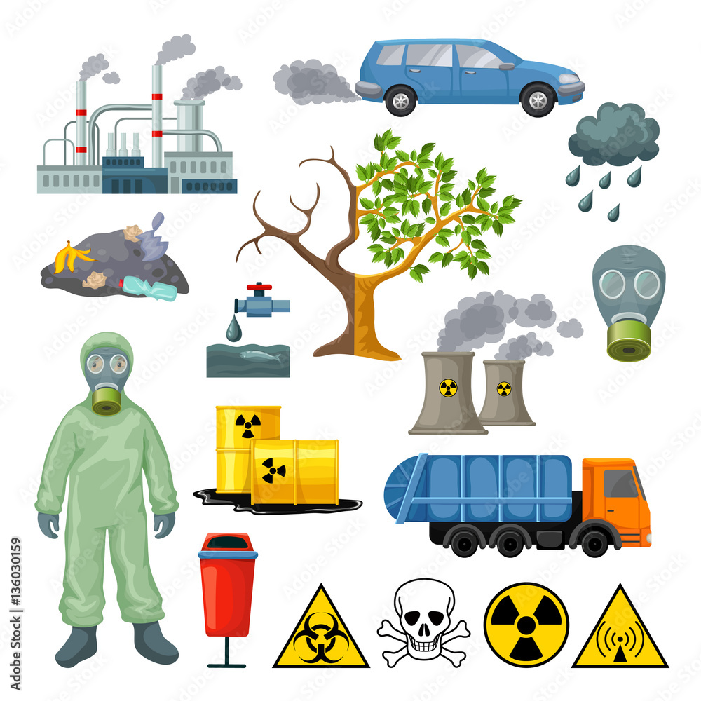 Cartoon Environmental Pollution Icons Set Stock Vector | Adobe Stock