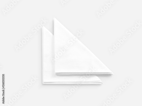 Blank white restaurant napkin mock up  isolated. Clear folded textile towel mockup design template. Cafe branding identity clean overlay for logotype design. Cotton cloth kitchen tissue towel.