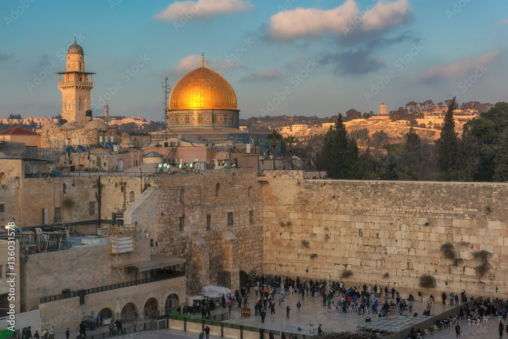 A sunset view of Western Wall in Jerusalem Old City, Israel. 