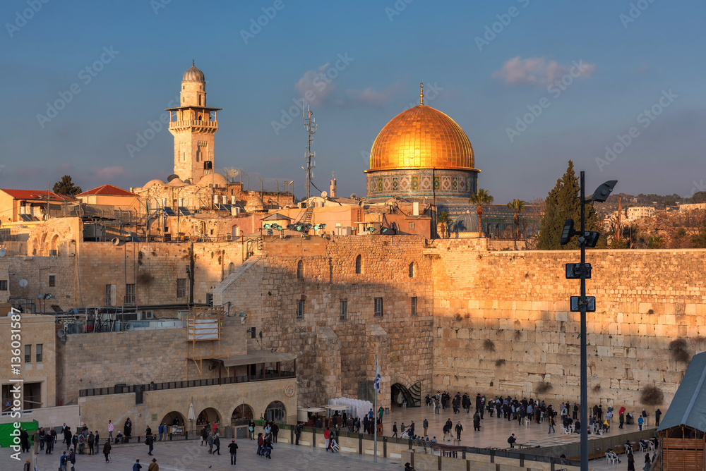 A sunset view of Temple Mount in Jerusalem Old City, Israel. 
