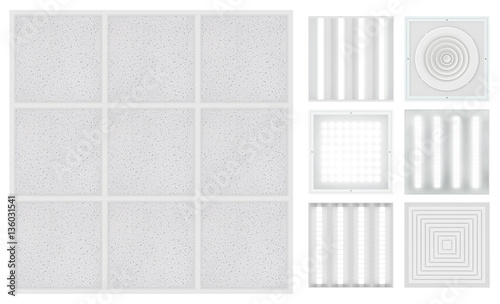 Suspended cassette ceilings - Armstrong. Set for a modular ceiling - lamps and ventilation grids. Isolated seamless texture on white background. Top view. 3D rendering.