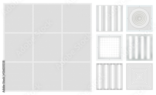 Suspended cassette ceiling with lattice. Set for a modular ceiling - lamps and ventilation grids. Isolated seamless texture on white background. Top view. 3D rendering.