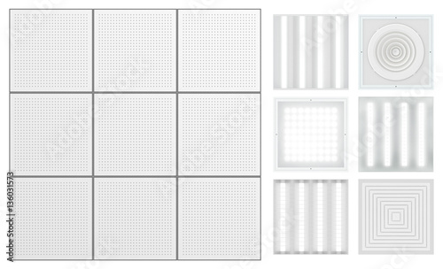 Suspended ceiling with perforated tape. Set for a modular ceiling - lamps and ventilation grids. Isolated seamless texture on white background. Top view. 3D rendering.