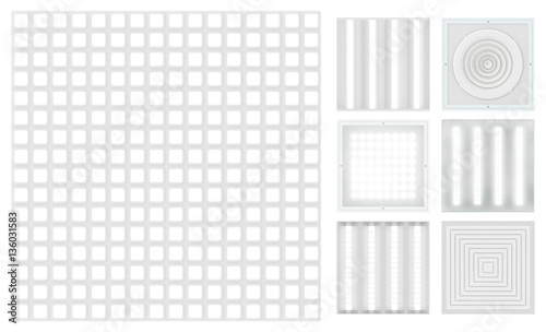 Suspended cassette ceilings - grilyato. Set for a modular ceiling - lamps and ventilation grids. Isolated seamless texture on white background. Top view. 3D rendering.