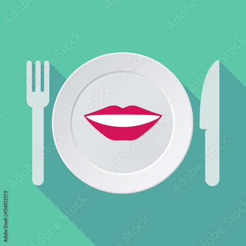 Long shadow tableware with  a female mouth smiling