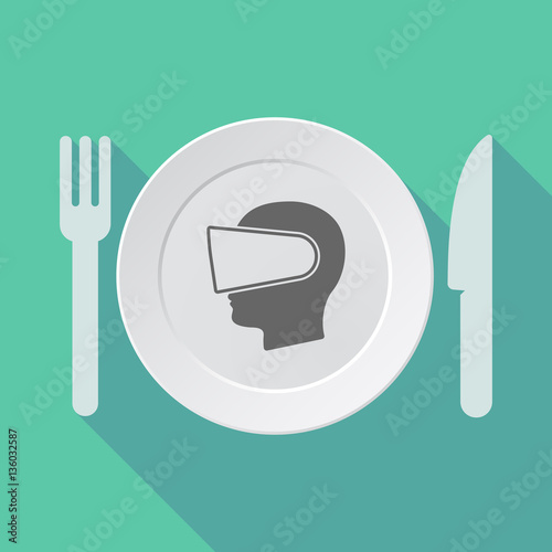 Long shadow tableware with  a male head wearing a virtual realit