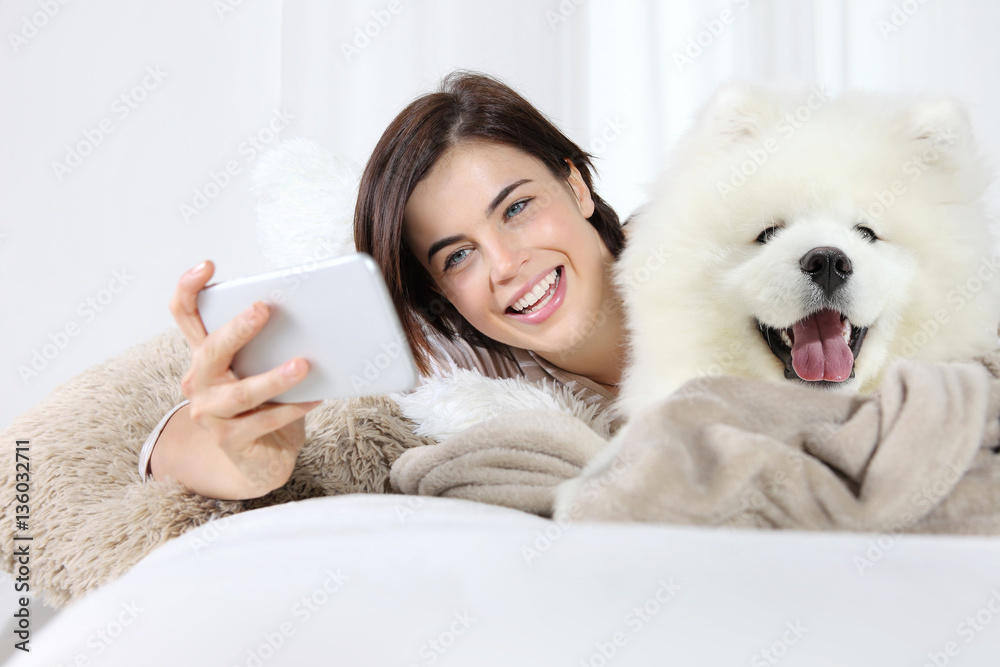 smiling woman with pet dog. selfie smiling woman with pet dog. selfie