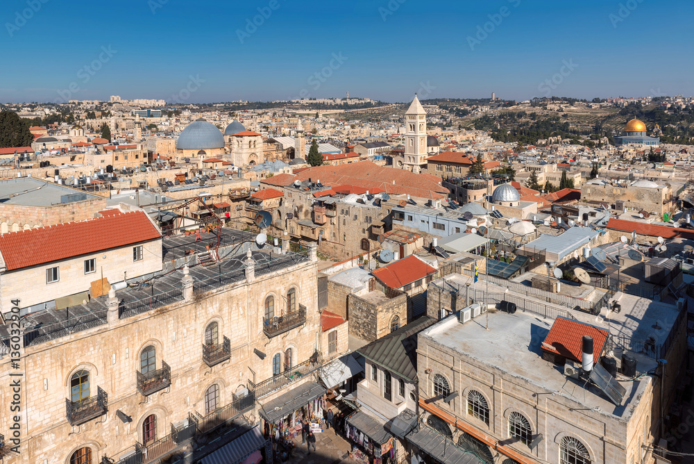 Aerial view of Jerusalem Old City, including the Church of the Holy Sepulchre and Dome Of The Rock, Jerusalem, Israel. 