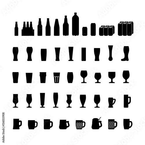 Beer bottles and glasses icons set, black silhouette. Vector