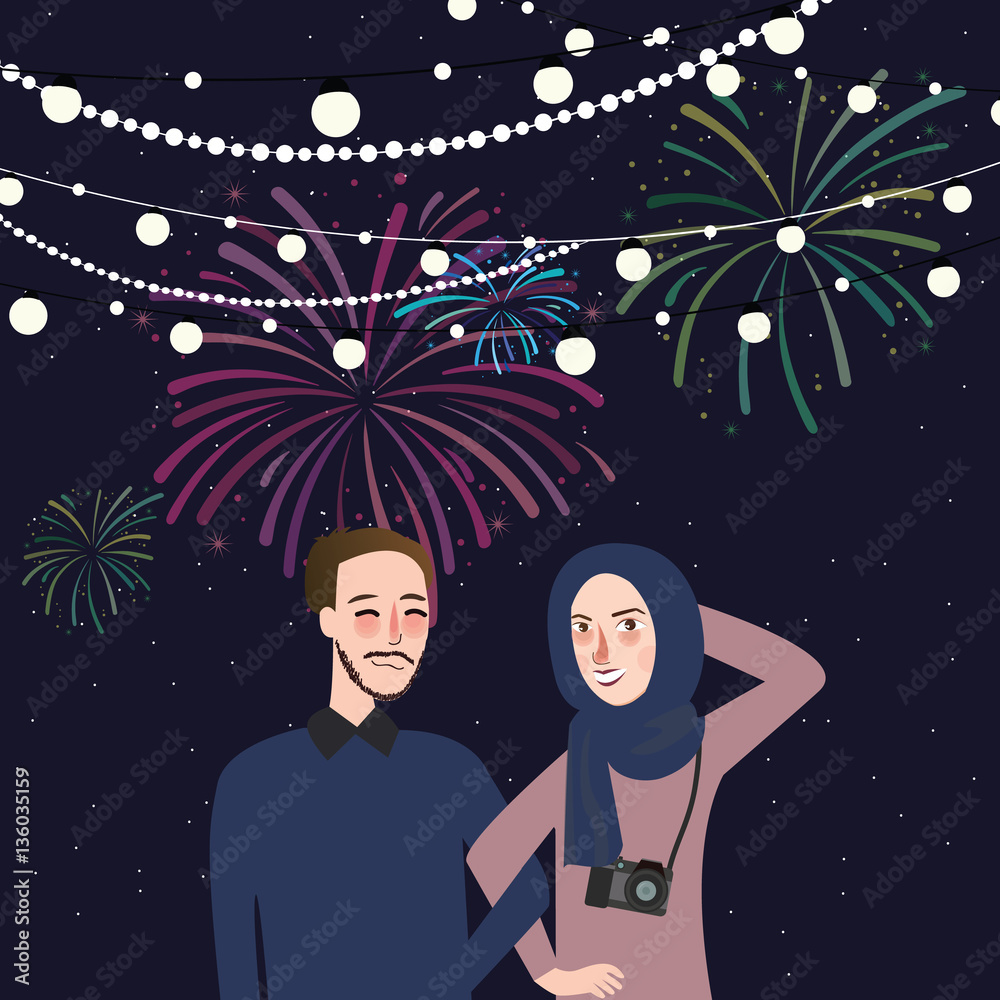 couple woman wearing scarf veil enjoy firework festival night celebration happy together couple woman wearing scarf veil enjoy firework festival night celebration happy together