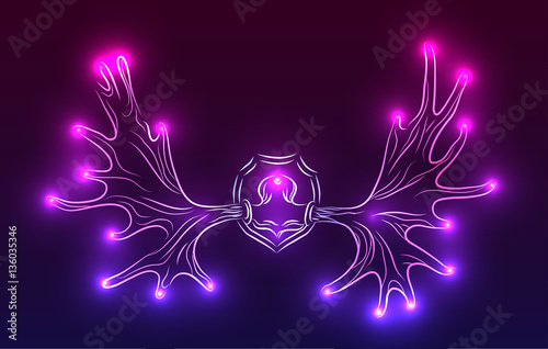 Contour neon illustration of moose antlers with sparks. Vector element for your design