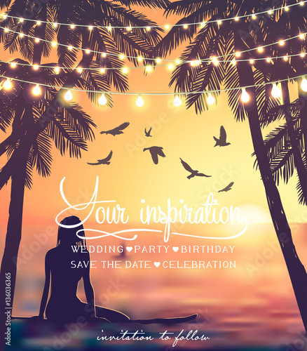 Decorative holiday lights. Background in beach style. Young girl sitting on surfboard at the sunset beach background