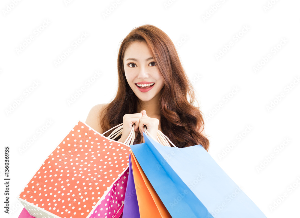 young happy smiling woman with shopping bags young happy smiling woman with shopping bags