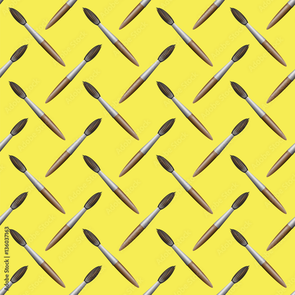 Paintbrush Seamless Pattern on Yellow Background. Set of Brushes Stock