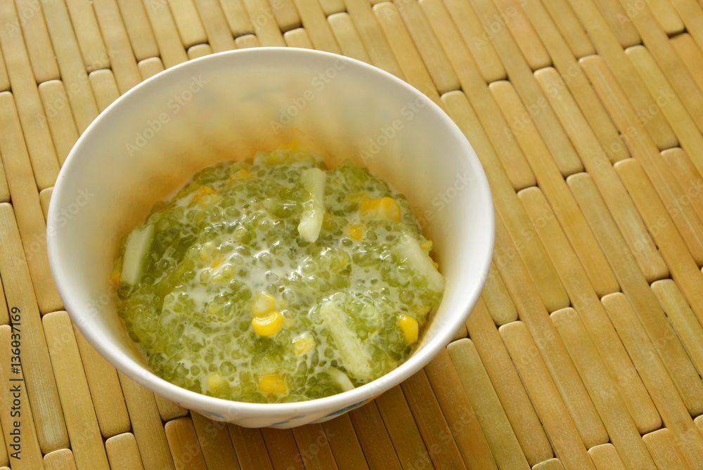 sweet sago with corn in coconut cream on cup sweet sago with corn in coconut cream on cup