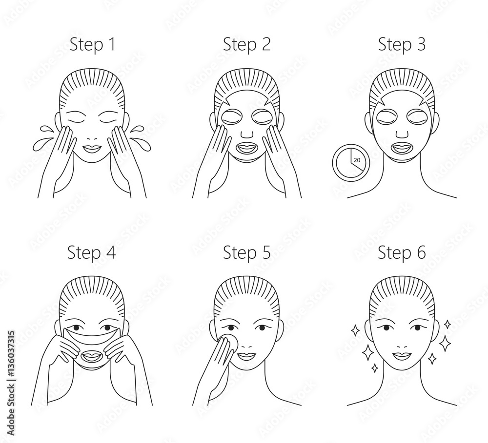 Steps how to apply facial mask. Vector isolated illustrations se
