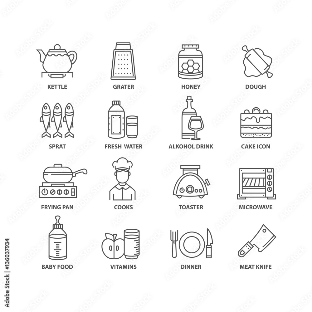 Thin line flat food isolated black icons Thin line flat food isolated black icons