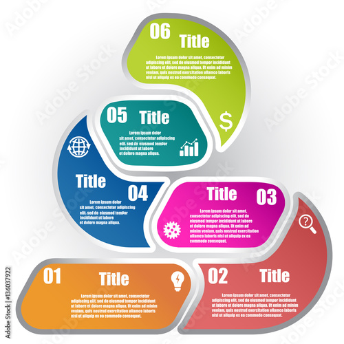 Triangle pyramid infographic template with 6 steps. Parts of the chart  with icons and numbers. For presentation and design concept. Vector illustration.