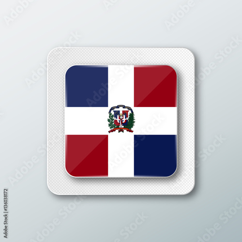 Square button with the national flag of Dominican republic with the reflection of light. Icon with the main symbol of the country.