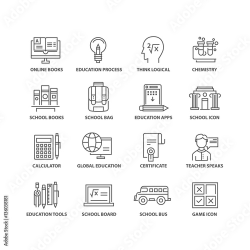Thin line flat document education black icons
