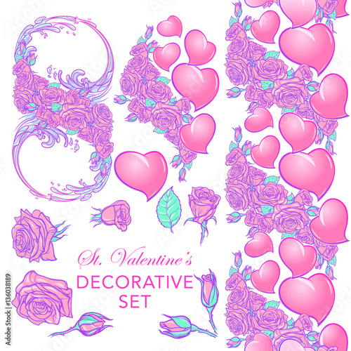 Rose flowers, buds, hearts arranged in warious patterns. St Set of Valentine's day festive design elements isolated on white background. Tattoo or wedding decor design element. EPS 10 vector.