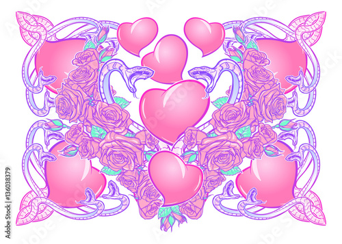 Roses hearts water swirls and snakes arranged in an intricate square pattern. St Valentine's day festive design isolated on white background. Tattoo or wedding decoration design element. EPS 10 vector