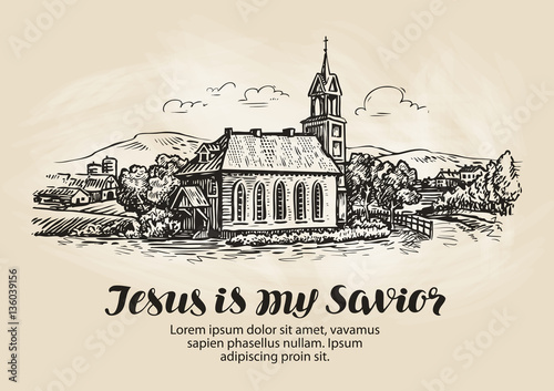 Church, landscape sketch. Religion symbol. Vintage vector illustration