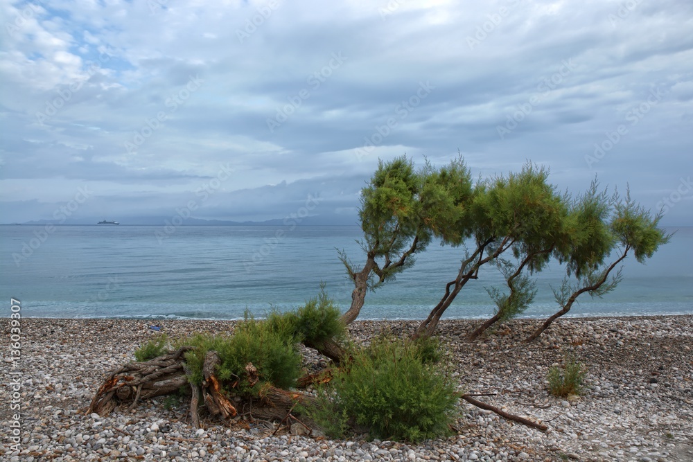 View of pebbly beach on cloudy day on western coast of Rhodes Island, Aegean Sea and Turkey coast in the background, Ialyssos, Greece