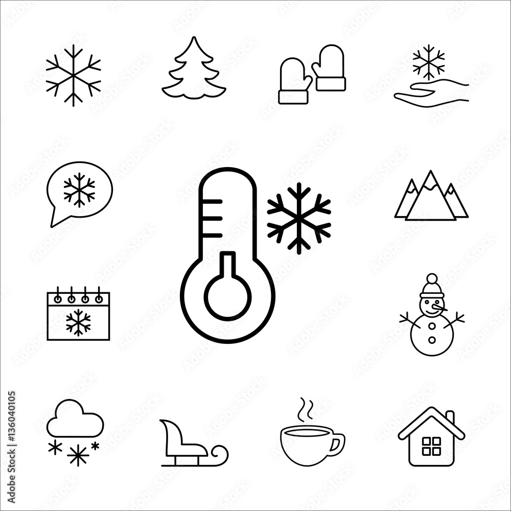 Fototapeta premium thermometer cold temperature snow winter vector line icons set