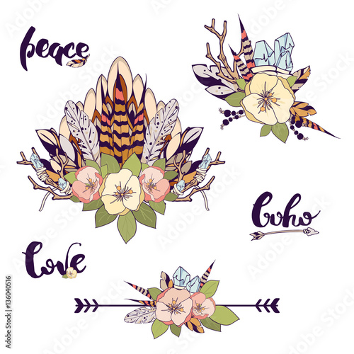 Vector romantic set of elements for design in a boho style. Vintage boutonniere and compositions with flowers, feathers, tree branch and crystals.
