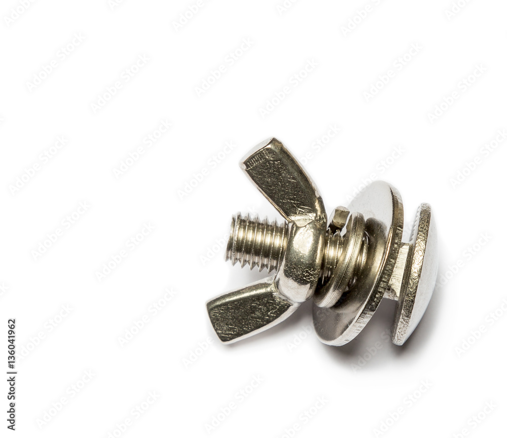 Fixing bolt with wing nut, washer and lock washer on a white background Fixing bolt with wing nut, washer and lock washer on a white background