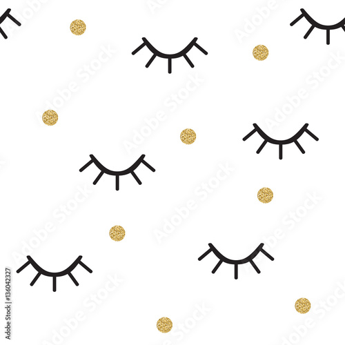 Closed eye pattern with gold dots. Seamless vrctor background. photo