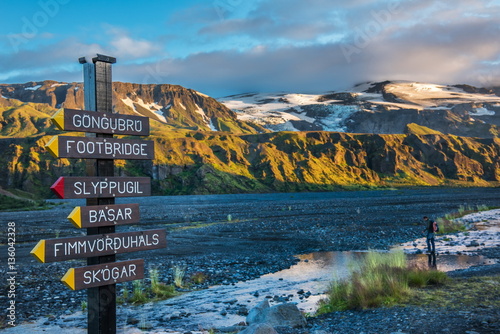 Signpost in Thorsmork and riverbed of Krossa, Iceland