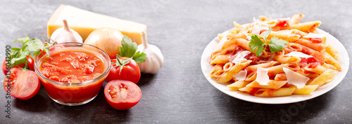 plate of penne pasta with tomato sauce and parmesan