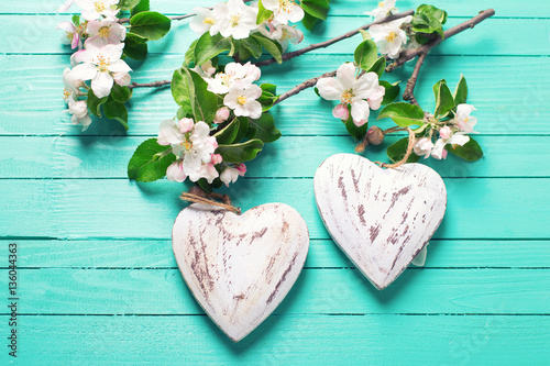 Fototapeta Naklejka Na Ścianę i Meble -  Two  hearts and apple tree flowers on turquoise  wooden backgrou