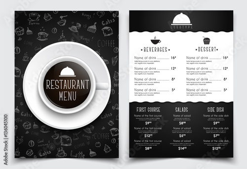 Template A4 menu for restaurant or cafe. black design with drawings by hand and a cup of coffee the top view. Set. Vector illustration.