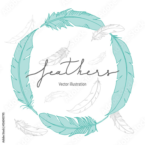 Modern cover template with hand drawn feathers on white background in cute cartoon style. Vector Feather Logo illustration. Trendy header layout. Circle frame