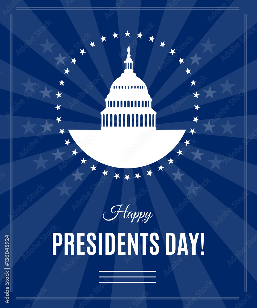 custom made wallpaper toronto digitalPresidents Day greeting banner with Washington DC White house and Capitol building arounded stars isolated on dark rays background. USA landmark. Vector illustration