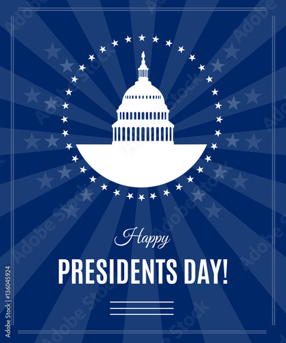 Presidents Day greeting banner with Washington DC White house and Capitol building arounded stars isolated on dark rays background. USA landmark. Vector illustration