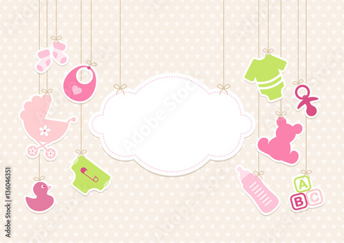 Card Baby Girl Symbols Hanging Cloud Stars Beige