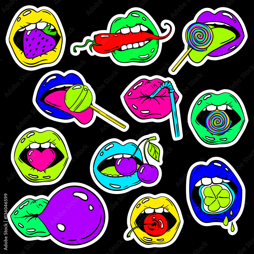 Naklejka premium Set Of Female Lips Stickers and food In Pop Comic Style.