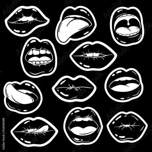 Wallpaper Mural Black And White Set Of Female Lips Stickers In Pop Comic Style. Torontodigital.ca