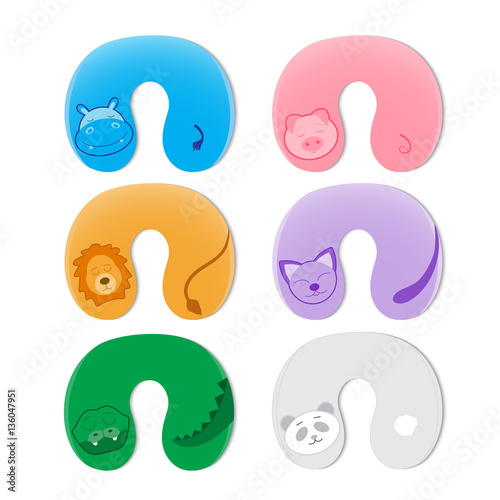 Set of kids nice pillows to sleep with sewn muzzles and tails of animals: hippo, crocodile, lion, panda, cat, pig. Soft cushion for bedtime on World Sleep Day. Vector illustration.