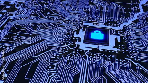 Blue circuit board closeup connected to cpu with padlock