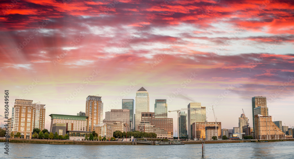 Sunset colors over Canary Wharf skyline, London - UK