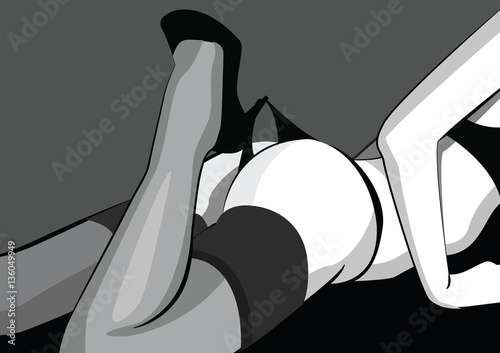 Beautiful woman's legs in high heels playing with black panties. Vector illustration