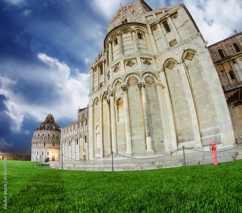 Fisheye view of Cathedral and Baptistery in Piazza dei Miracoli,