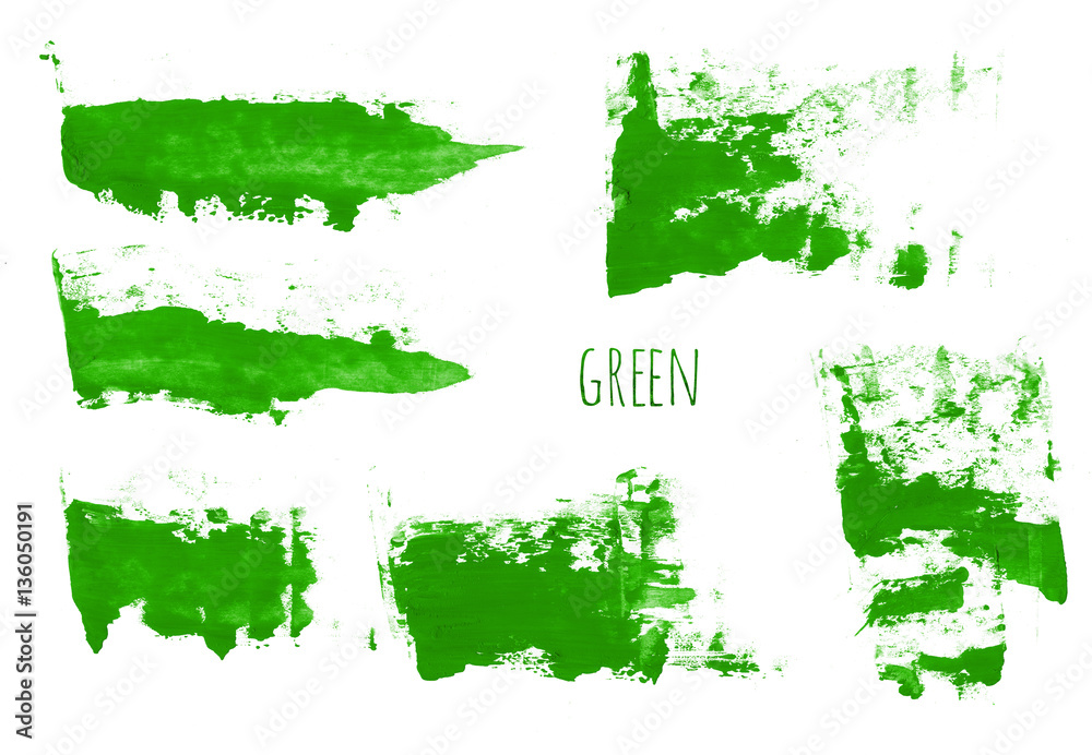 Obraz premium Set of green watercolor hand painting brush stroke textures. Collection of grunge design elements isolated on white background. Gouache, acrylic art abstract illustration.